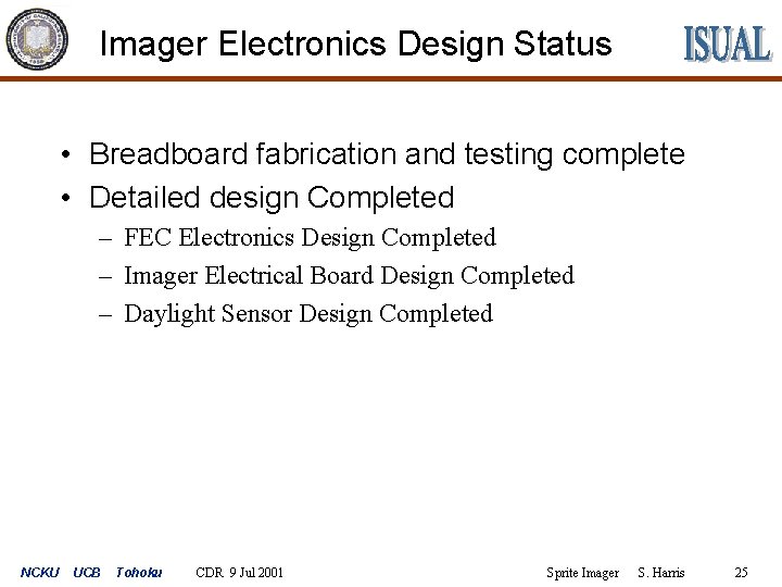 Imager Electronics Design Status • Breadboard fabrication and testing complete • Detailed design Completed