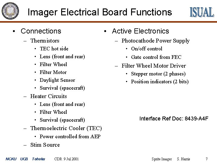 Imager Electrical Board Functions • Connections – Thermistors • • • TEC hot side