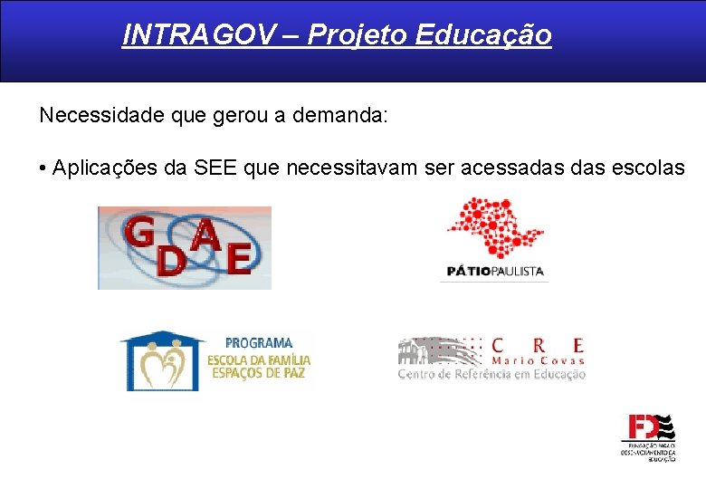INTRAGOV – Projeto Educação Necessidade que gerou a demanda: • Aplicações da SEE que