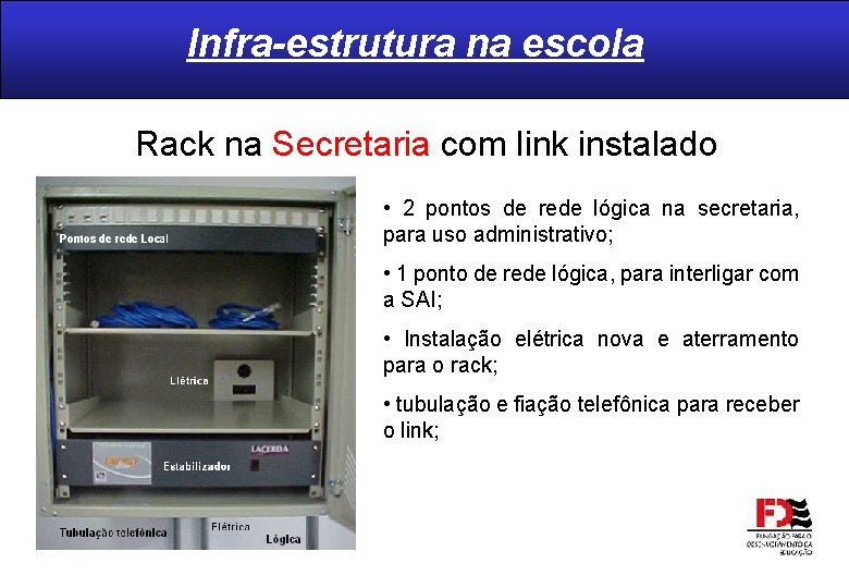 Infra-estrutura na escola Rack na Secretaria com link instalado • 2 pontos de rede