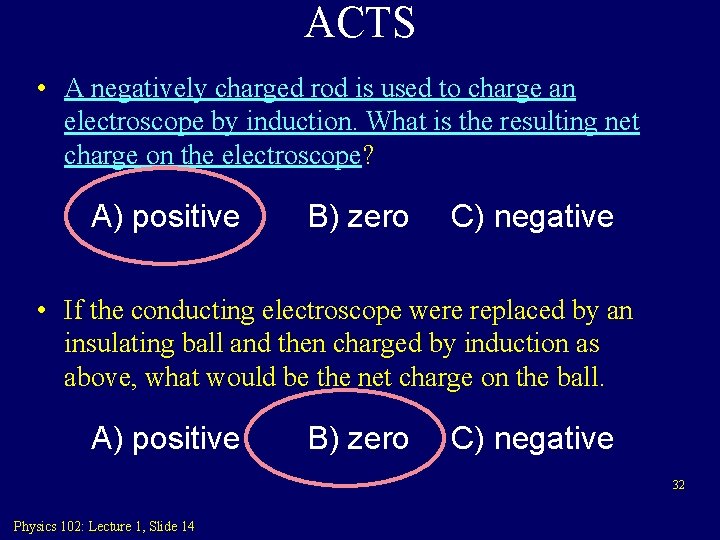 ACTS • A negatively charged rod is used to charge an electroscope by induction.