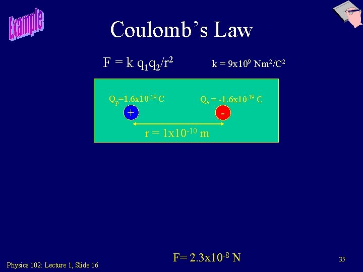 Coulomb’s Law F = k q 1 q 2/r 2 Qp=1. 6 x 10