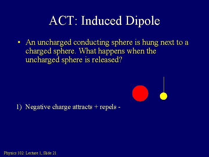 ACT: Induced Dipole • An uncharged conducting sphere is hung next to a charged