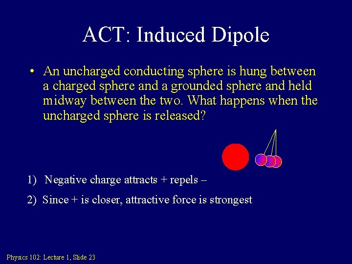 ACT: Induced Dipole • An uncharged conducting sphere is hung between a charged sphere