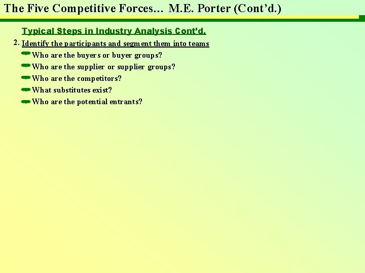 The Five Competitive Forces… M. E. Porter (Cont’d. ) Typical Steps in Industry Analysis