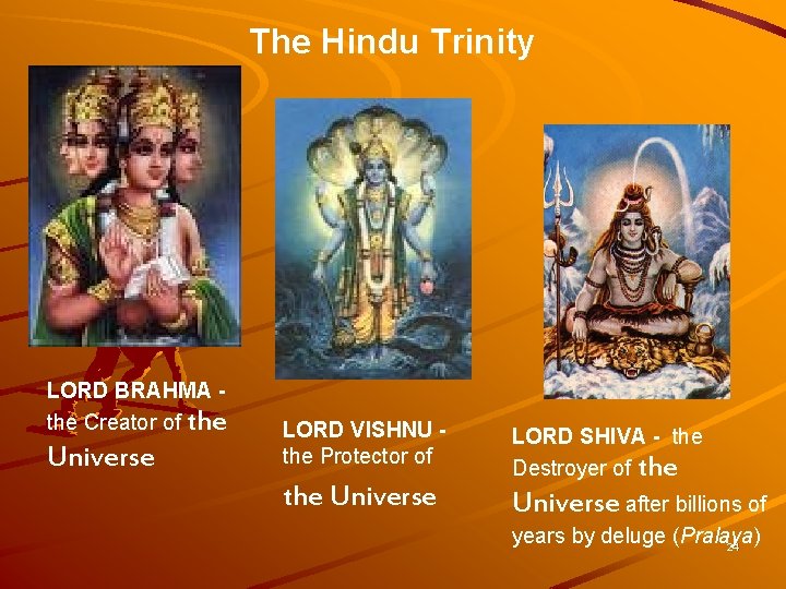 The Hindu Trinity LORD BRAHMA the Creator of the Universe LORD VISHNU the Protector