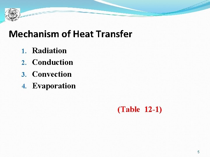 Mechanism of Heat Transfer 1. Radiation 2. Conduction 3. Convection 4. Evaporation (Table 12