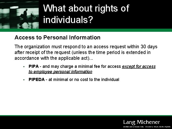 What about rights of individuals? Access to Personal Information The organization must respond to