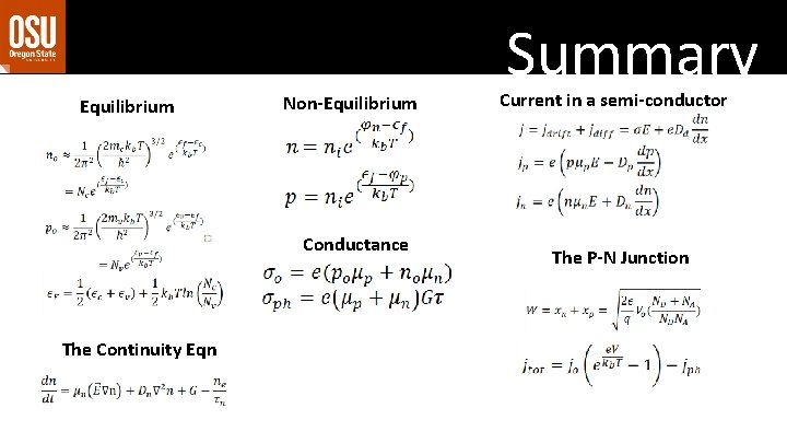 Equilibrium Non-Equilibrium Conductance The Continuity Eqn Summary Current in a semi-conductor The P-N Junction Equilibrium Non-Equilibrium Conductance The Continuity Eqn Summary Current in a semi-conductor The P-N Junction