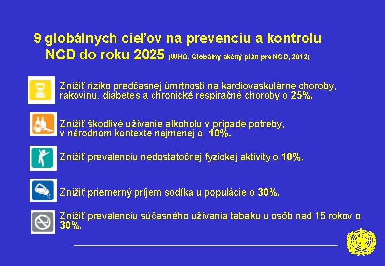 9 globálnych cieľov na prevenciu a kontrolu NCD do roku 2025 (WHO, Globálny akčný