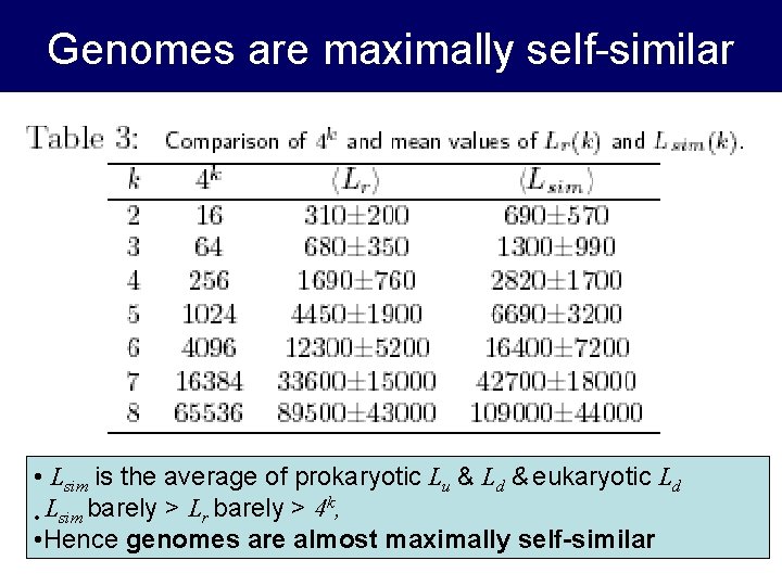 Genomes are maximally self-similar • Lsim is the average of prokaryotic Lu & Ld