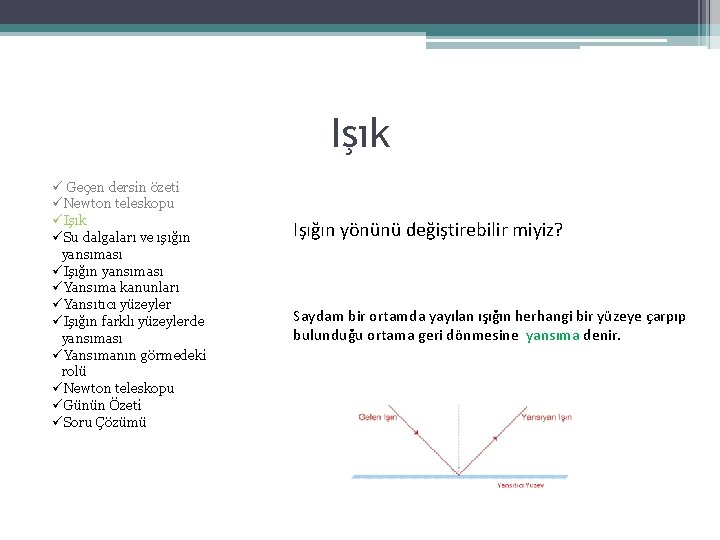 Işık ü Geçen dersin özeti üNewton teleskopu üIşık üSu dalgaları ve ışığın yansıması üIşığın