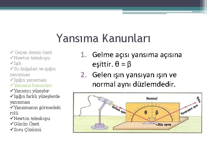 Yansıma Kanunları ü Geçen dersin özeti üNewton teleskopu üIşık üSu dalgaları ve ışığın yansıması