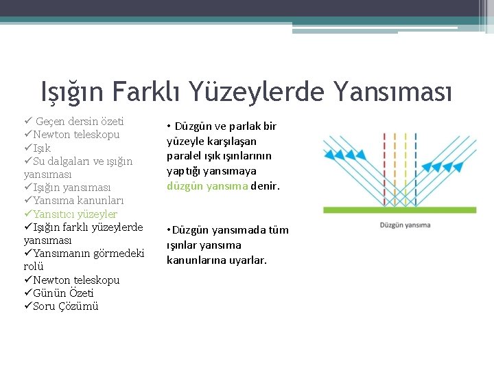 Işığın Farklı Yüzeylerde Yansıması ü Geçen dersin özeti üNewton teleskopu üIşık üSu dalgaları ve