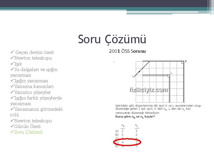 Soru Çözümü ü Geçen dersin özeti üNewton teleskopu üIşık üSu dalgaları ve ışığın yansıması