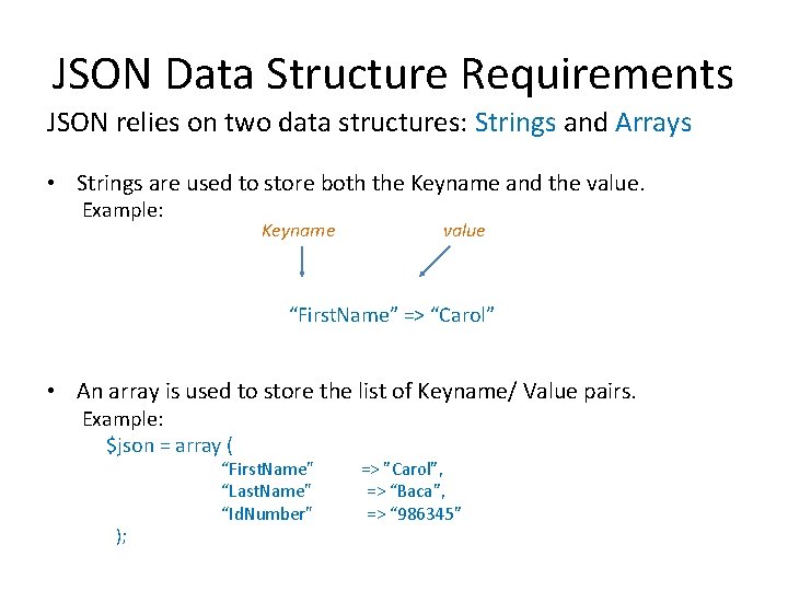 JSON Data Structure Requirements JSON relies on two data structures: Strings and Arrays •