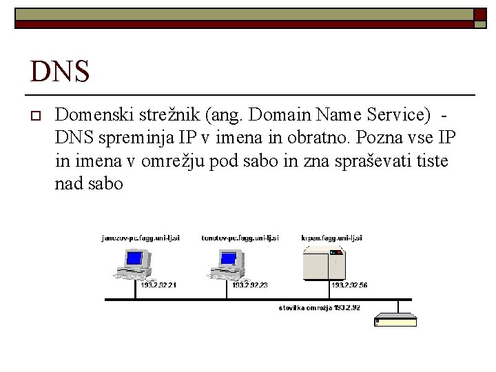 DNS o Domenski strežnik (ang. Domain Name Service) - DNS spreminja IP v imena