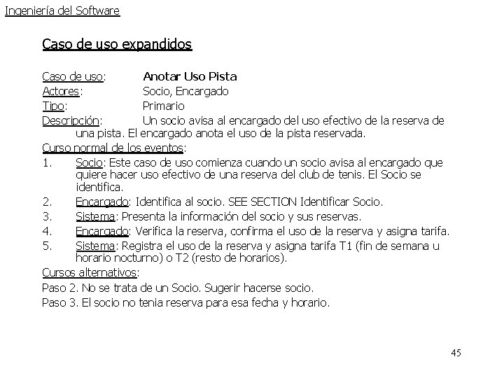 Ingeniería del Software Caso de uso expandidos Caso de uso: Anotar Uso Pista Actores: Ingeniería del Software Caso de uso expandidos Caso de uso: Anotar Uso Pista Actores: