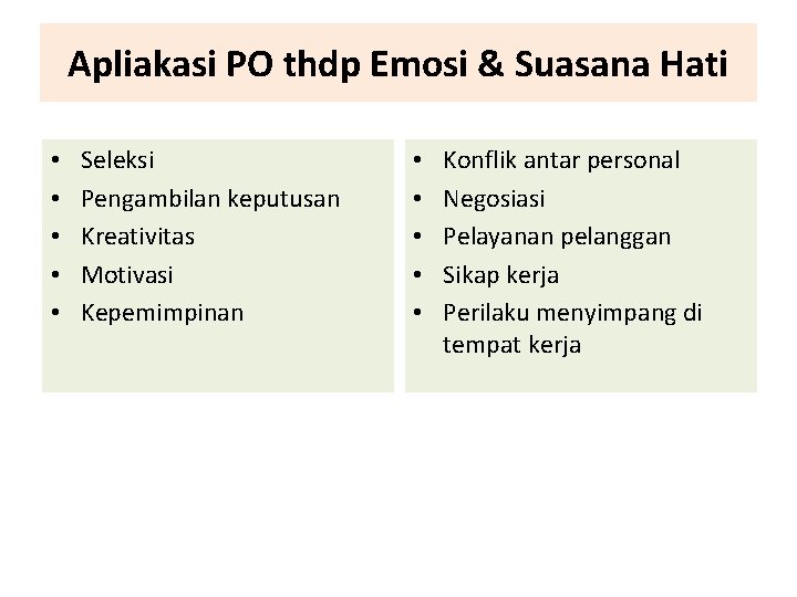 Apliakasi PO thdp Emosi & Suasana Hati • • • Seleksi Pengambilan keputusan Kreativitas