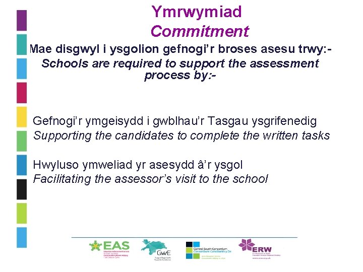 Ymrwymiad Commitment Mae disgwyl i ysgolion gefnogi’r broses asesu trwy: Schools are required to