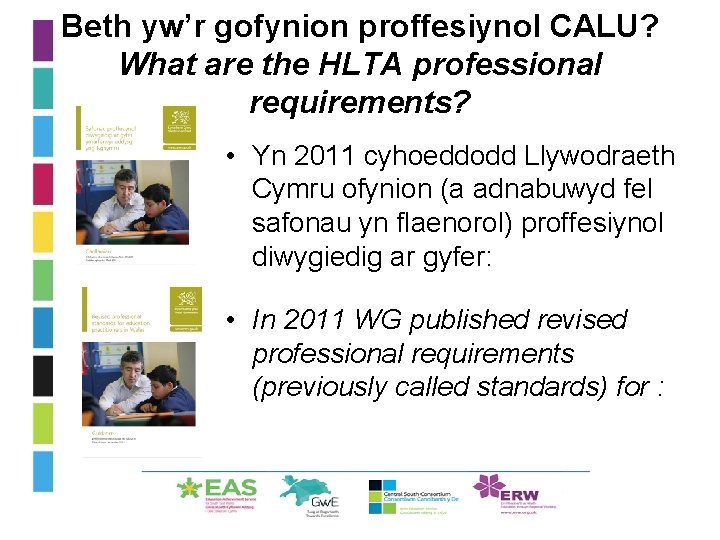 Beth yw’r gofynion proffesiynol CALU? What are the HLTA professional requirements? • Yn 2011