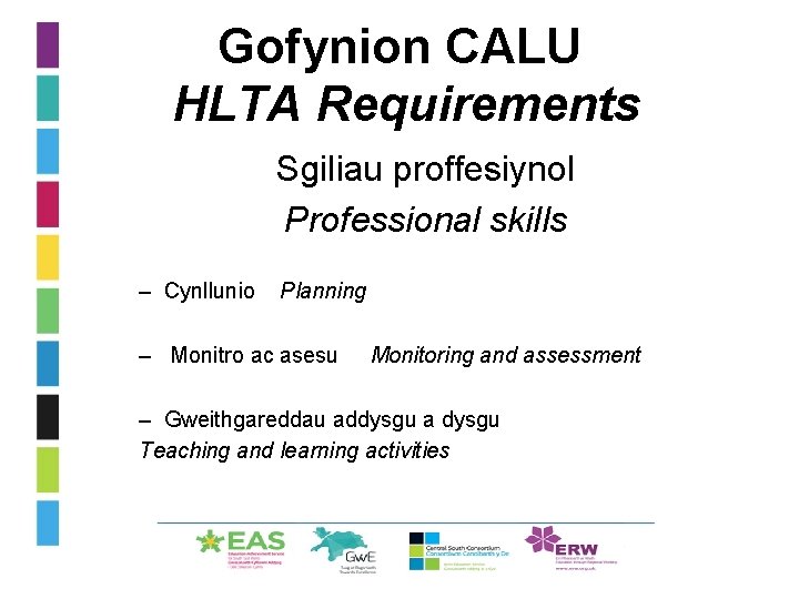 Gofynion CALU HLTA Requirements Sgiliau proffesiynol Professional skills – Cynllunio Planning – Monitro ac