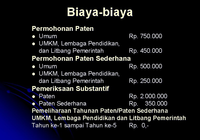 Biaya-biaya Permohonan Paten l l Umum UMKM, Lembaga Pendidikan, dan Litbang Pemerintah Rp. 750.