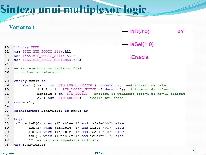 Sinteza unui multiplexor logic Varianta 1 2009 -2010 PDSD 15 
