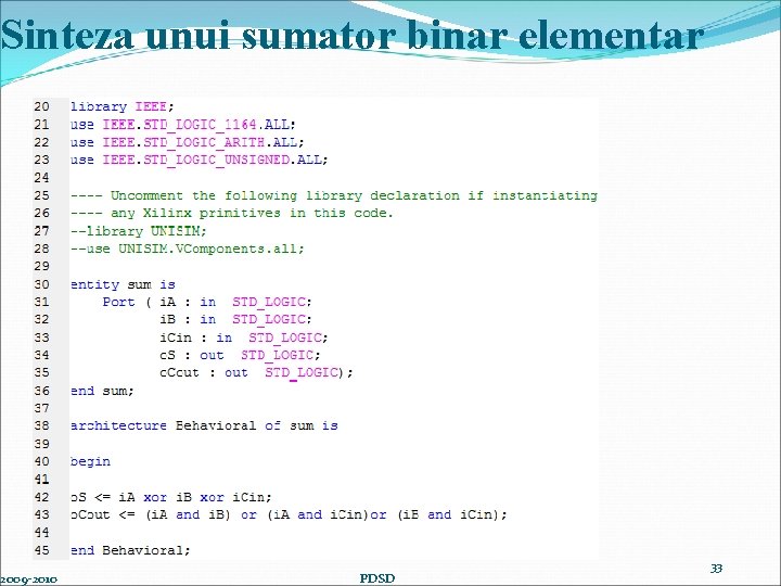 Sinteza unui sumator binar elementar 2009 -2010 PDSD 33 