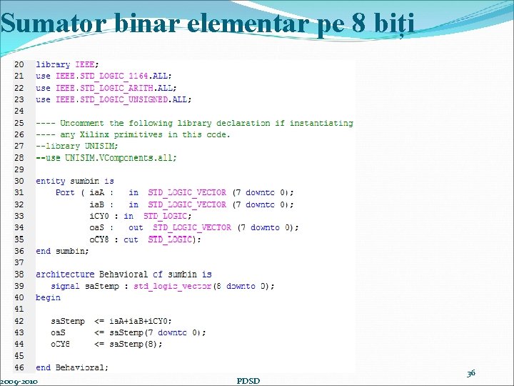 Sumator binar elementar pe 8 biți 2009 -2010 PDSD 36 