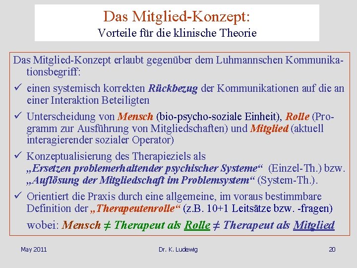 Das Mitglied-Konzept: Vorteile für die klinische Theorie Das Mitglied-Konzept erlaubt gegenüber dem Luhmannschen Kommunikationsbegriff: