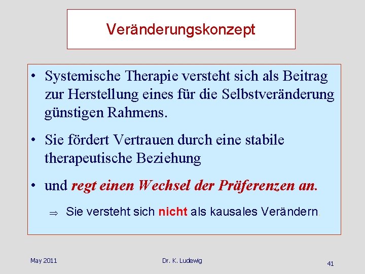 Veränderungskonzept • Systemische Therapie versteht sich als Beitrag zur Herstellung eines für die Selbstveränderung