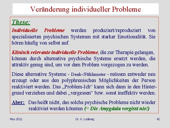 Veränderung individueller Probleme These: Individuelle Probleme werden produziert/reproduziert von spezialisierten psychischen Systemen mit starker