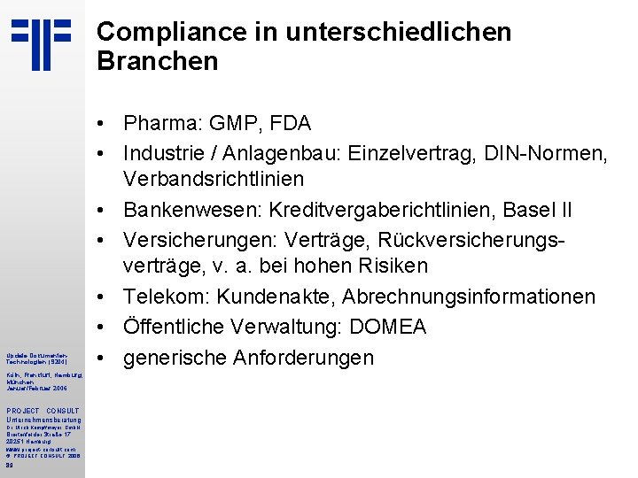 Compliance in unterschiedlichen Branchen Update Dokumenten. Technologien (S 204) Köln, Frankfurt, Hamburg, München Januar/Februar