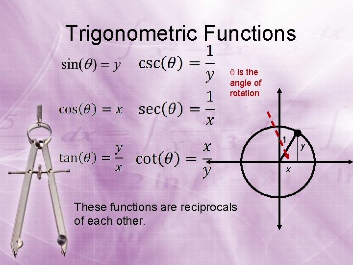 Trigonometric Functions is the angle of rotation 1 x These functions are reciprocals of