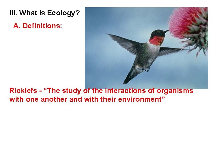 III. What is Ecology? A. Definitions: Ricklefs - “The study of the interactions of