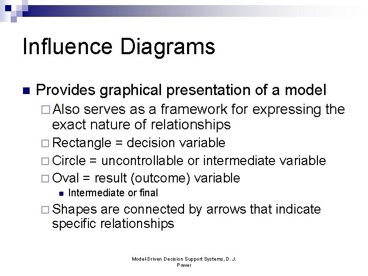 Influence Diagrams n Provides graphical presentation of a model ¨ Also serves as a