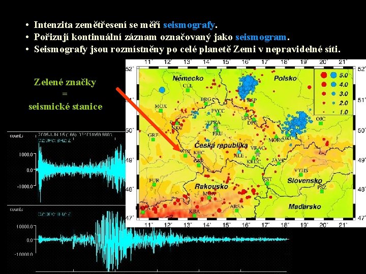  • Intenzita zemětřesení se měří seismografy. • Pořizují kontinuální záznam označovaný jako seismogram.