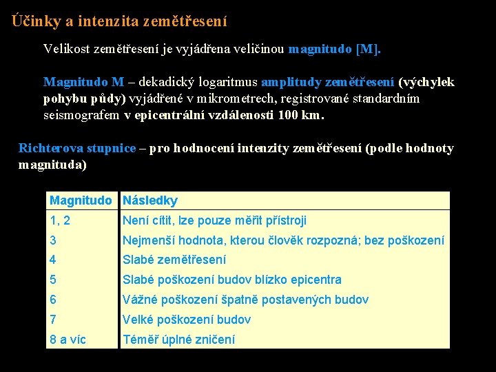 Účinky a intenzita zemětřesení Velikost zemětřesení je vyjádřena veličinou magnitudo [M]. Magnitudo M –