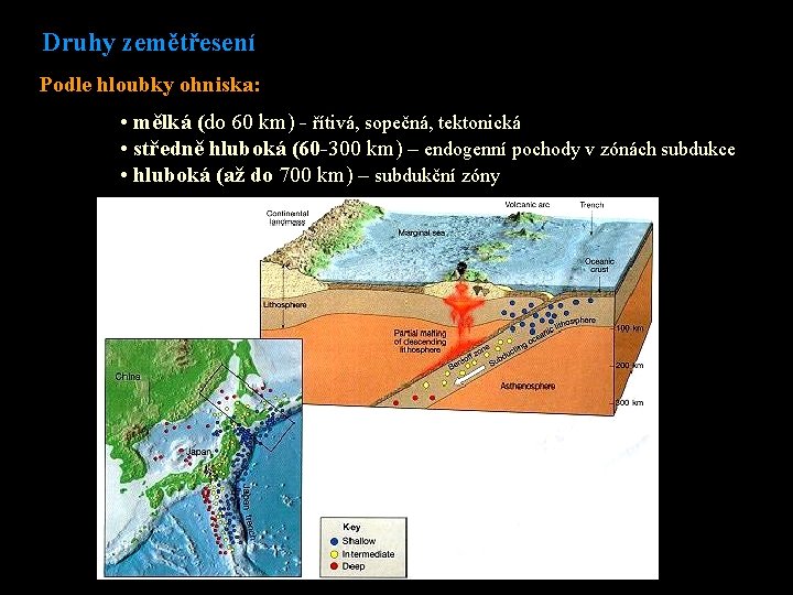 Druhy zemětřesení Podle hloubky ohniska: • mělká (do 60 km) - řítivá, sopečná, tektonická