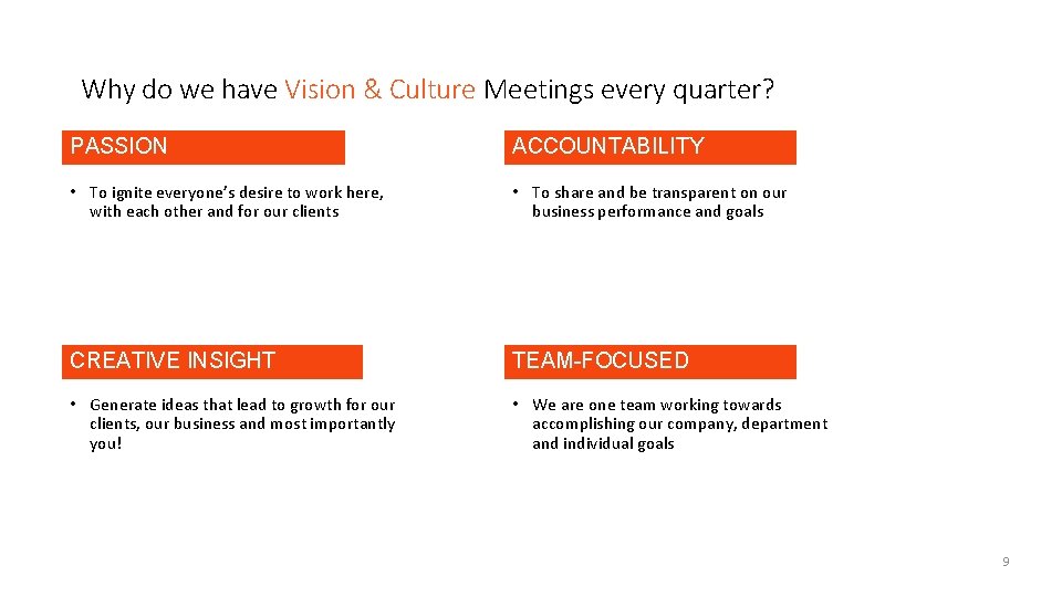 Why do we have Vision & Culture Meetings every quarter? PASSION ACCOUNTABILITY • To