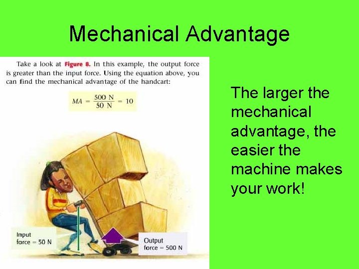 Mechanical Advantage The larger the mechanical advantage, the easier the machine makes your work! Mechanical Advantage The larger the mechanical advantage, the easier the machine makes your work!