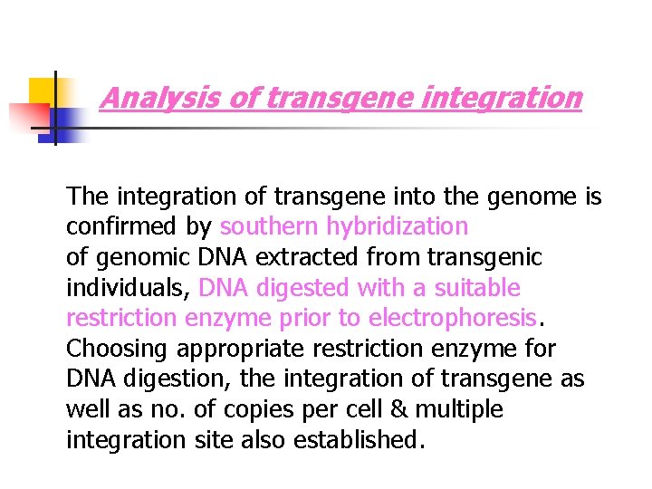 Analysis of transgene integration The integration of transgene into the genome is confirmed by