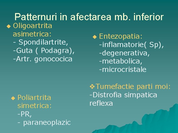 Patternuri in afectarea mb. inferior u Oligoartrita asimetrica: - Spondilartrite, -Guta ( Podagra), -Artr.