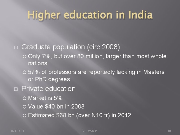 Higher education in India Graduate population (circ 2008) Only 7%, but over 80 million,