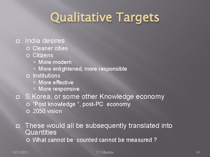 Qualitative Targets India desires Cleaner cities Citizens More modern More enlightened, more responsible Institutions