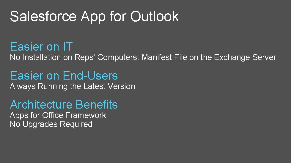 Salesforce App for Outlook Easier on IT No Installation on Reps’ Computers: Manifest File