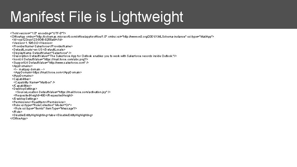 Manifest File is Lightweight <? xml version="1. 0" encoding="UTF-8"? > <Office. App xmlns="http: //schemas.
