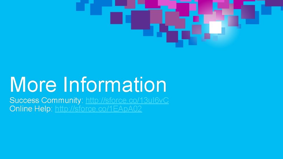 More Information Success Community: http: //sforce. co/13 u. I 6 v. C Online Help: