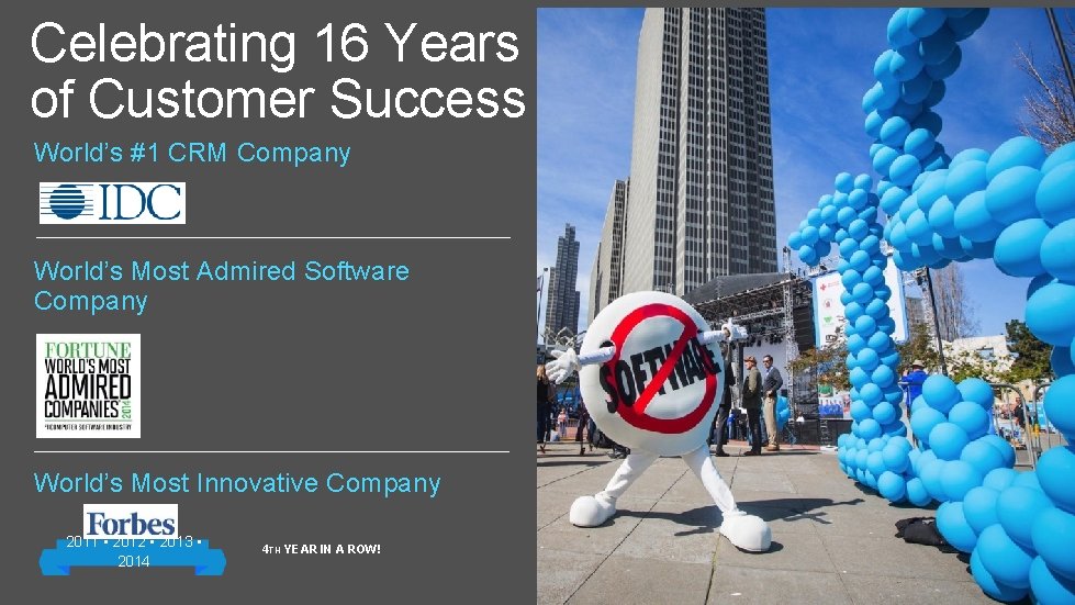 Celebrating 16 Years of Customer Success World’s #1 CRM Company World’s Most Admired Software